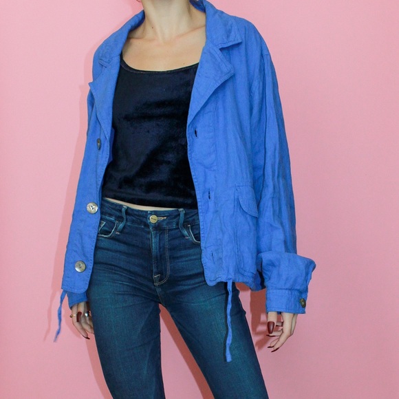 VTG 90s NWT Chico's Mediterranean Blue 100% Linen 'Railroad' Jacket Size 3 - Picture 6 of 13